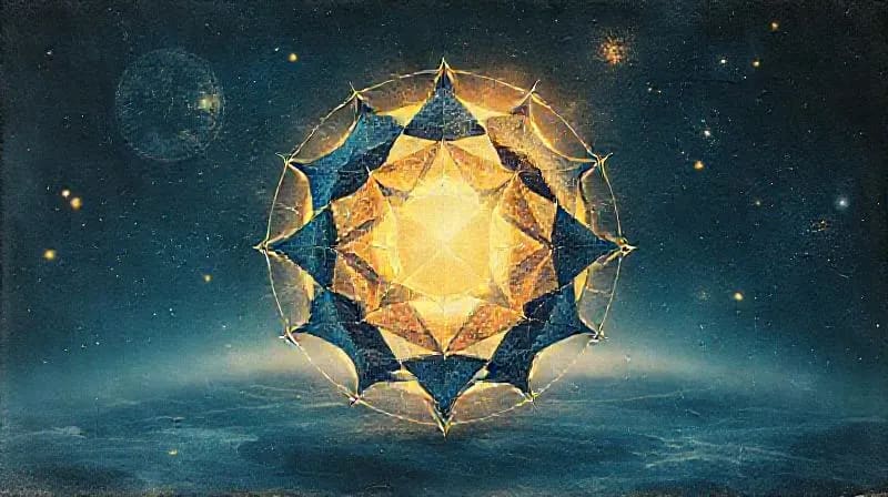 3D render of fragmented geometric shapes forming a balanced, glowing sphere on a cosmic backdrop, symbolizing integration and wholeness.