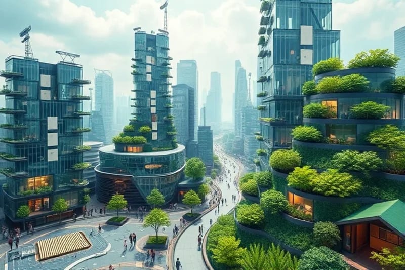 Paisaje urbano futurista y ecológico con edificios integrados en la naturaleza, simbolizando la sostenibilidad.