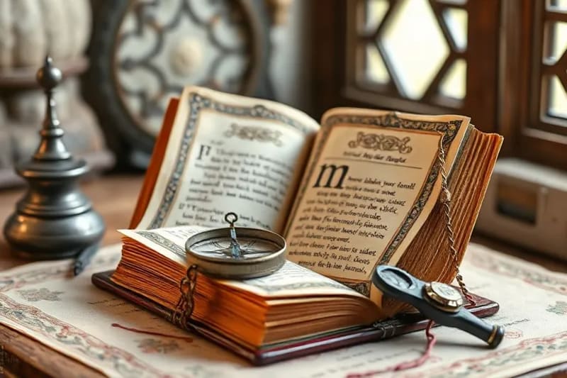 Libro antiguo abierto, brújula y tablet con noticias sobre una mesa de madera