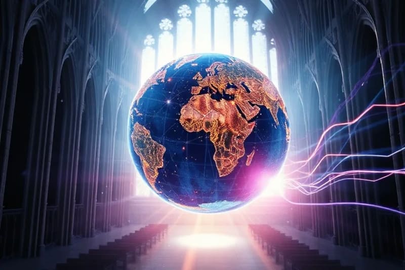 Globo estilizado con líneas de energía conectando puntos de conflicto y patrones espirituales