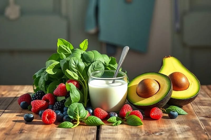 Variedad de alimentos saludables como frutas, verduras, fermentados y frutos secos, dispuestos artísticamente.