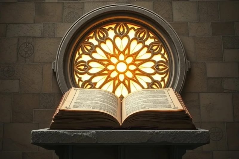 Detalle de rosetón gótico con tracería de tréboles y cuadrifolios