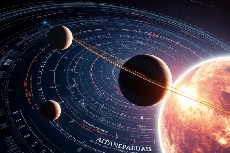 Mapa digitalizado del Sistema Solar que muestra diversas trayectorias orbitales, incluyendo órbitas de transferencia de Hohmann y rutas de baja energía, con elementos de visualización de datos de IA.