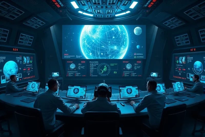 Sala de control de misión futurista con pantallas holográficas que muestran simulaciones complejas de vuelos espaciales, con científicos interactuando con visualizaciones de IA para optimizar rutas.