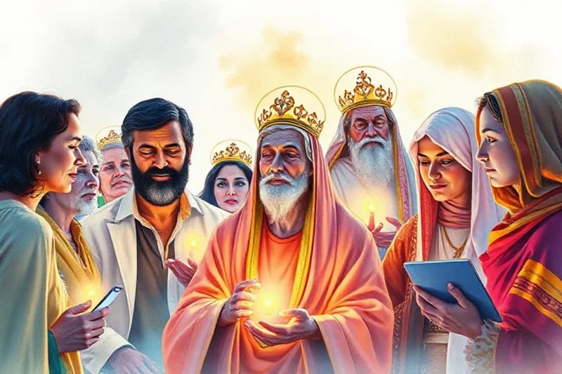 Gu铆a Espiritual en la Era Digital Personas de diversas edades interactuando con pantallas digitales, mientras figuras et茅reas de santos ofrecen gu铆a espiritual en un ambiente sereno.