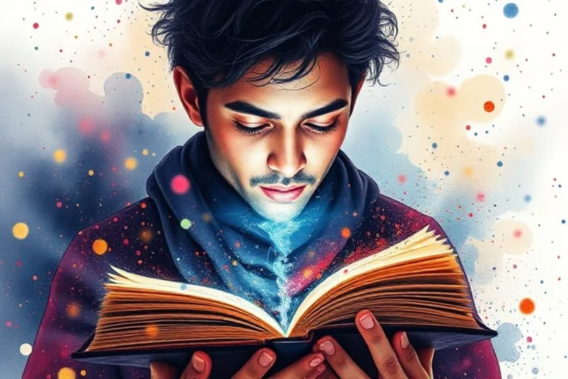Superando la Sobrecarga Digital Persona abrumada por un torbellino de notificaciones digitales y noticias distorsionadas, con una luz de esperanza emanando de un libro abierto.
