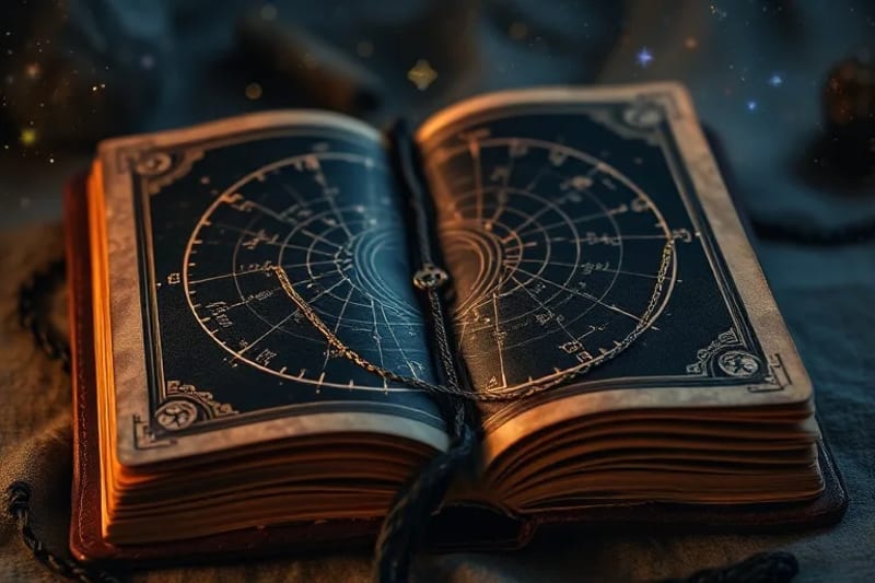 Libro antiguo de astrología abierto con símbolos de los nodos lunares.