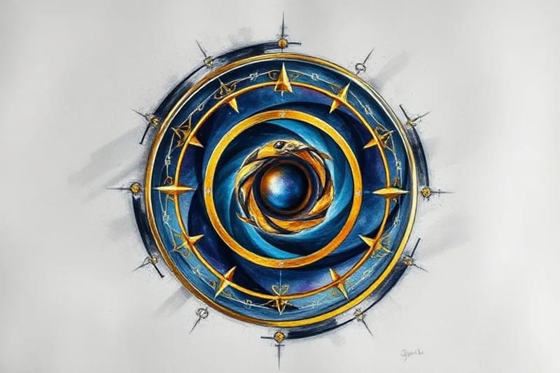 Golden Ratio spiral intertwining with alchemical symbols like caduceus and Ouroboros