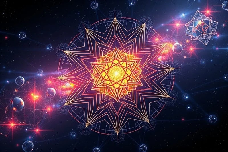 Abstract 3D render of interconnected geometric shapes transforming with iridescent light