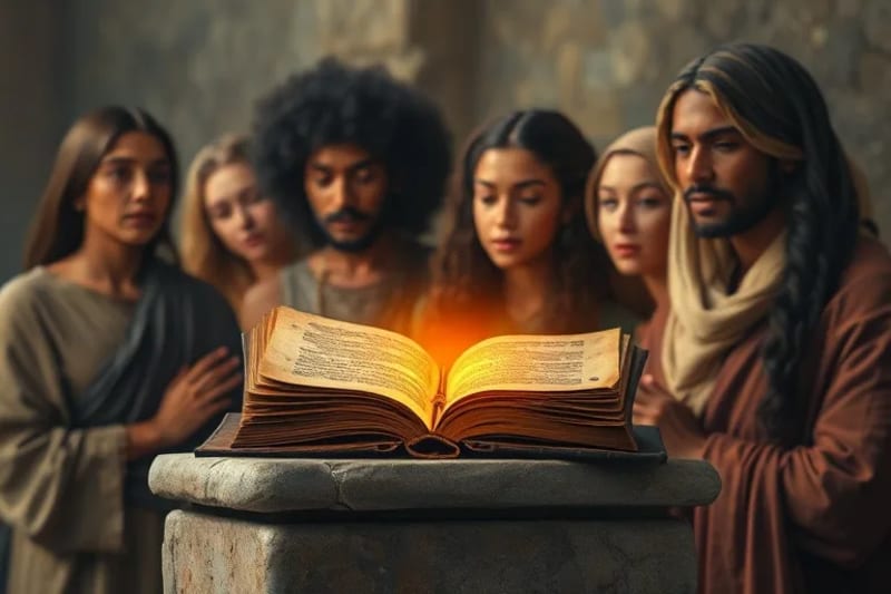 Grupo de personas en oración, reflejando paz y conexión espiritual a través de la devoción.