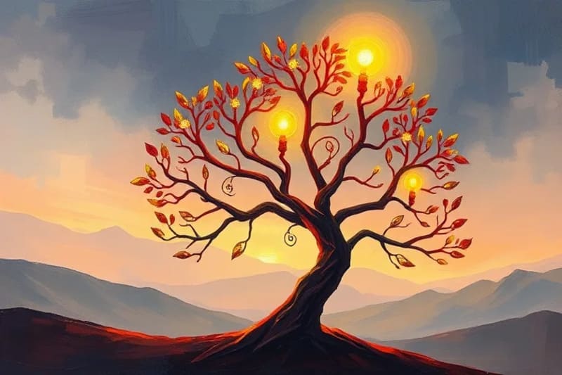 Representación simbólica del camino espiritual, con un árbol que simboliza crecimiento y luz divina.