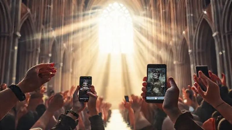 Manos de diversas personas interactuando con dispositivos digitales y en oración, simbolizando la fe y la comunidad en la era digital.