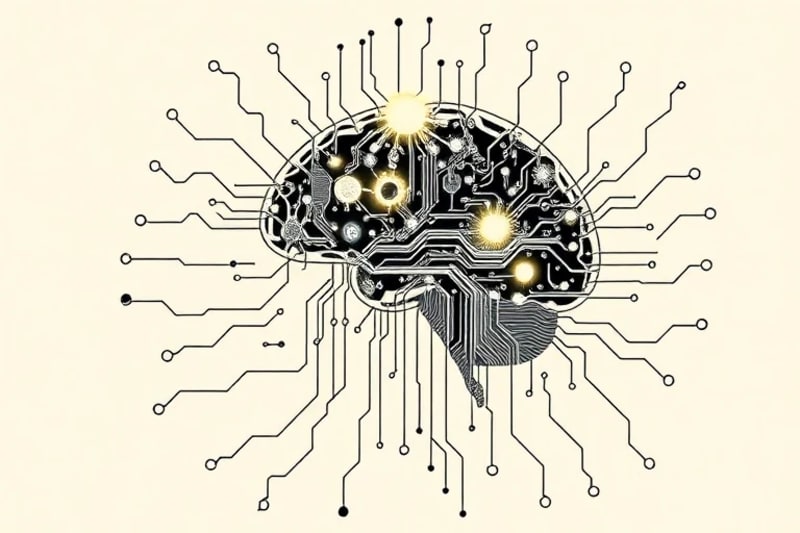 Representación abstracta del cerebro humano fusionado con circuitos, simbolizando los dilemas éticos de la tecnología y la IA.