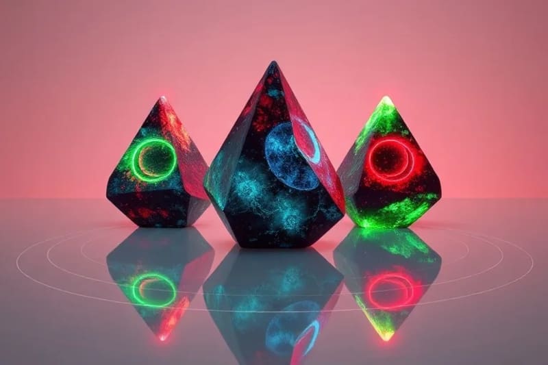 Three distinct crystalline structures representing dwarf planet energies