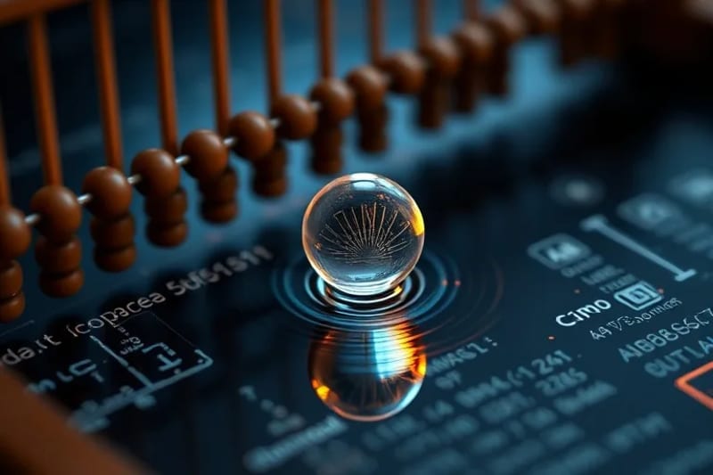 Detalle de cuentas de ábaco que reflejan patrones digitales, simbolizando la interconexión de la lógica ancestral y la computación moderna.