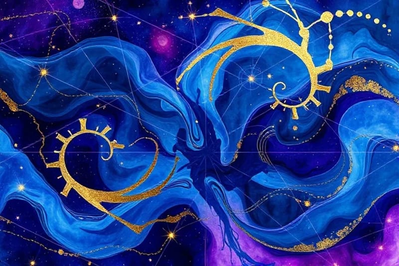 Abstract digital painting showing glowing energy lines connecting ancient symbols and modern patterns, representing the synergy of wisdom and strategy in relationships.