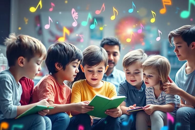 Niños y adultos aprendiendo y tocando instrumentos, rodeados de símbolos musicales y patrones cerebrales abstractos