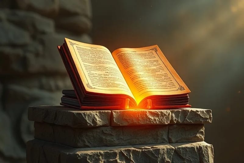 Representación abstracta de la fe y la ciencia interactuando, con símbolos de la espiritualidad (cruz, luz) entrelazados con elementos científicos (engranajes, circuitos), creando una imagen de coexistencia y diálogo