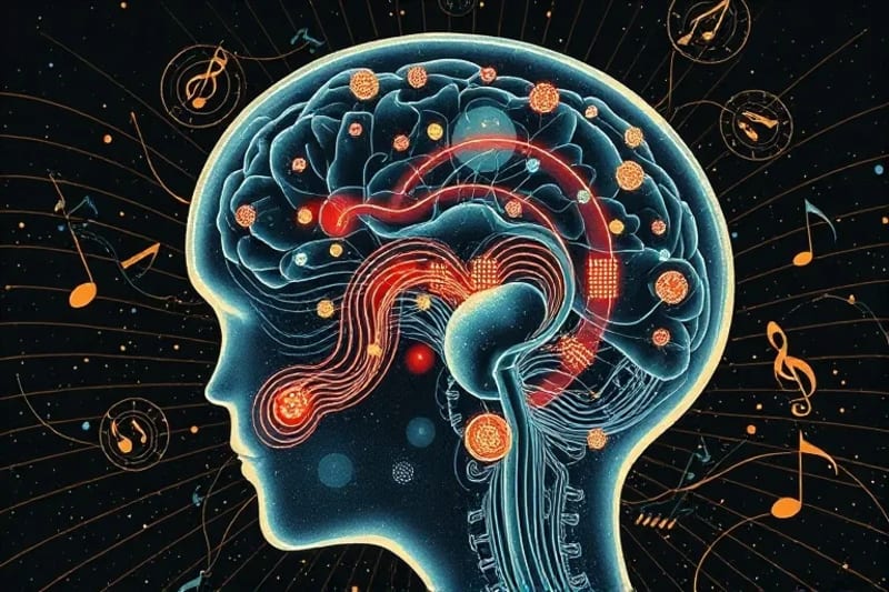 Representación 3D del oído y la corteza auditiva, con pulsos de luz que simulan el flujo de ritmo y melodía a través de las redes neuronales