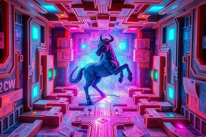 Ilustración acuarela de un laberinto con patrones de circuitos digitales y un minotauro estilizado, representando la complejidad de los desafíos míticos en un contexto tecnológico.