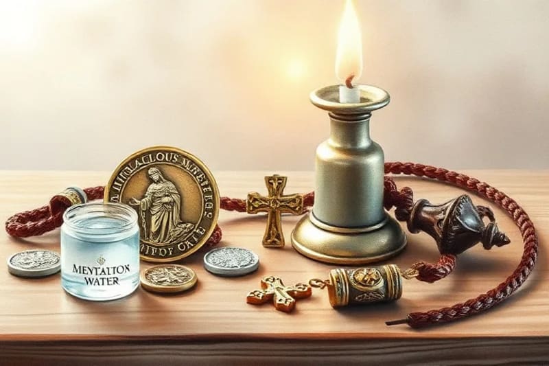 Colección de medallas benditas, agua bendita y velas en estilo acuarela, ambiente espiritual.