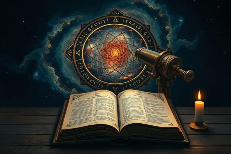 A detailed oil painting of an antique telescope aimed at a starry galaxy, with an open astrological text and a flickering candle on a wooden table, evoking ancient cosmic studies.