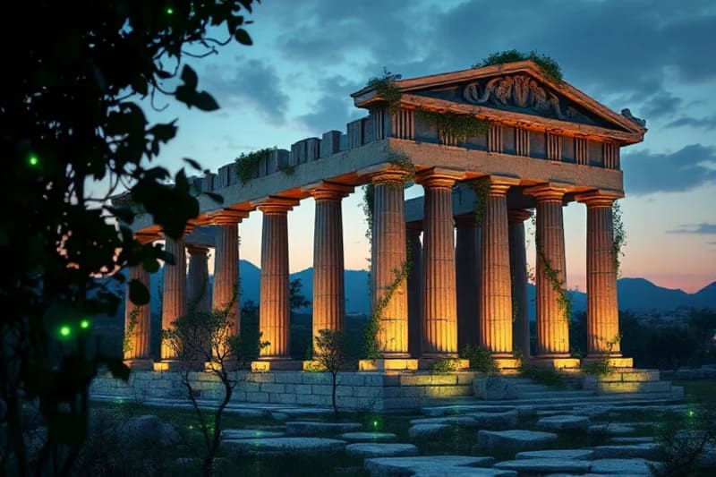 Renderizado 3D de un templo griego en ruinas, con enredaderas digitales bioluminiscentes y flujos de datos, simbolizando la coexistencia de lo antiguo y lo futurista.