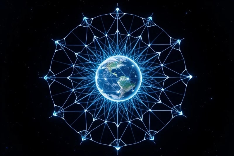 A 3D render of glowing light threads connecting stylized fixed stars to a holographic Earth projection, symbolizing cosmic influence and the intricate web of universal forces.