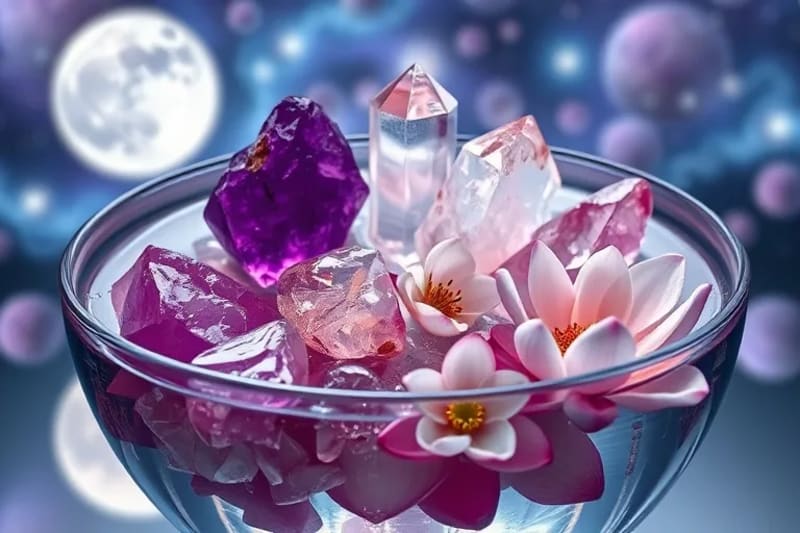 Cristales y flores en agua bajo la luna, creando un elixir vibracional