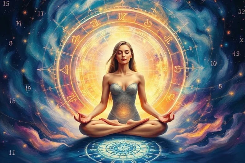 A person meditating, surrounded by ancient linguistic symbols and subtle energy fields.