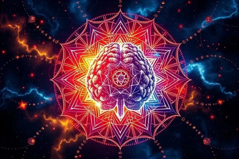 Ilustración vectorial de un cerebro con engranajes y símbolos elementales interconectados