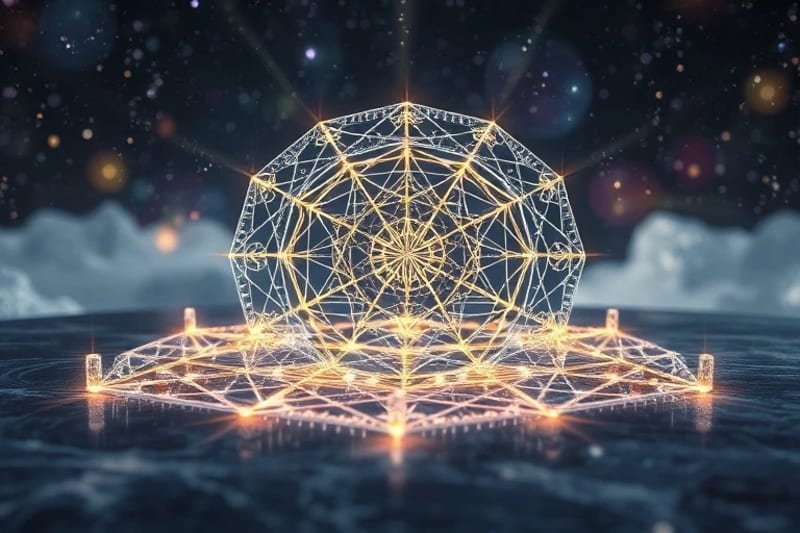 A glowing crystal grid emitting light, with geometric forms and sound frequencies.