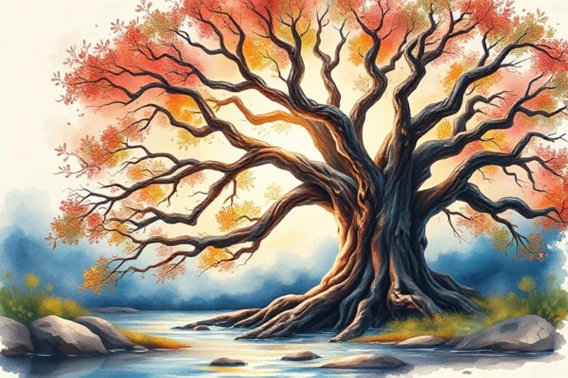 Pintura al óleo de un roble majestuoso con elementos de fuego, tierra, metal y agua integrados