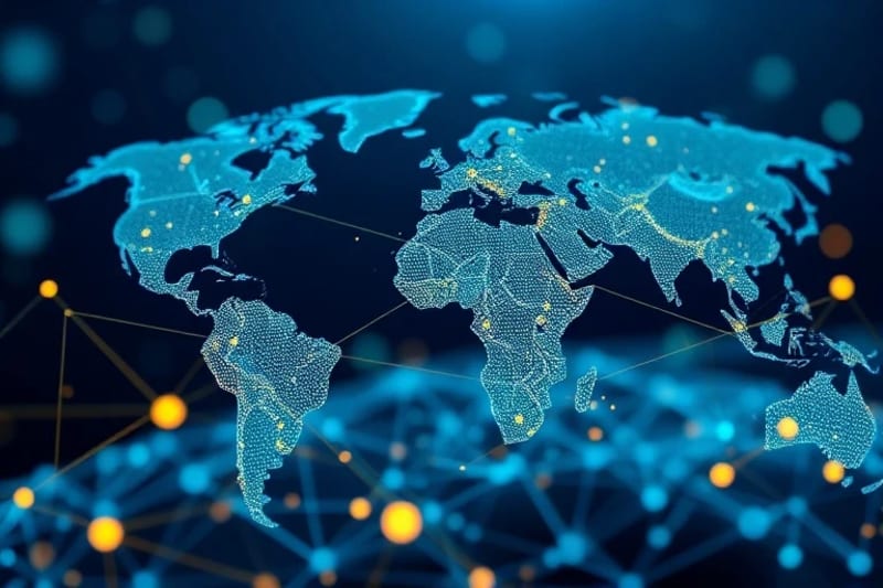 Representación artística de un ecosistema financiero digital con nodos interconectados y líneas que forman una red global segura, simbolizando servicios como remesas y préstamos.