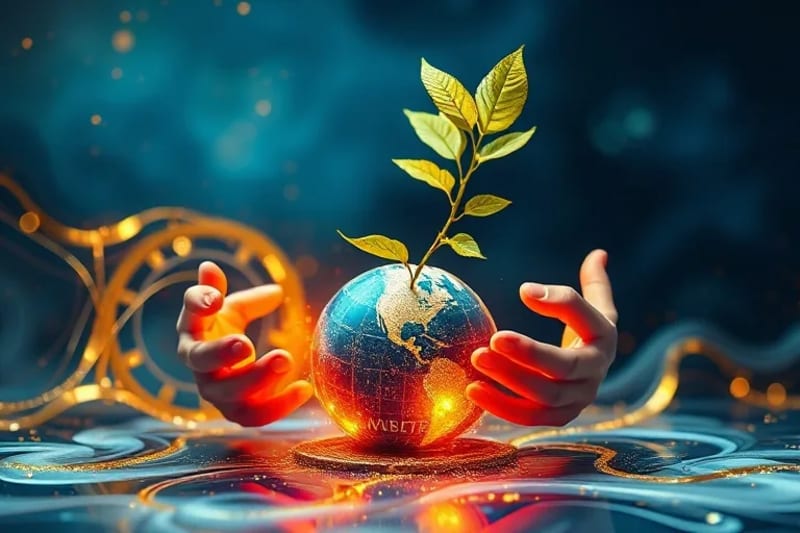 Una representación abstracta de un libro mayor blockchain brillante que se entrelaza con elementos de desarrollo sostenible, como una planta que crece de una moneda digital y manos que se conectan.