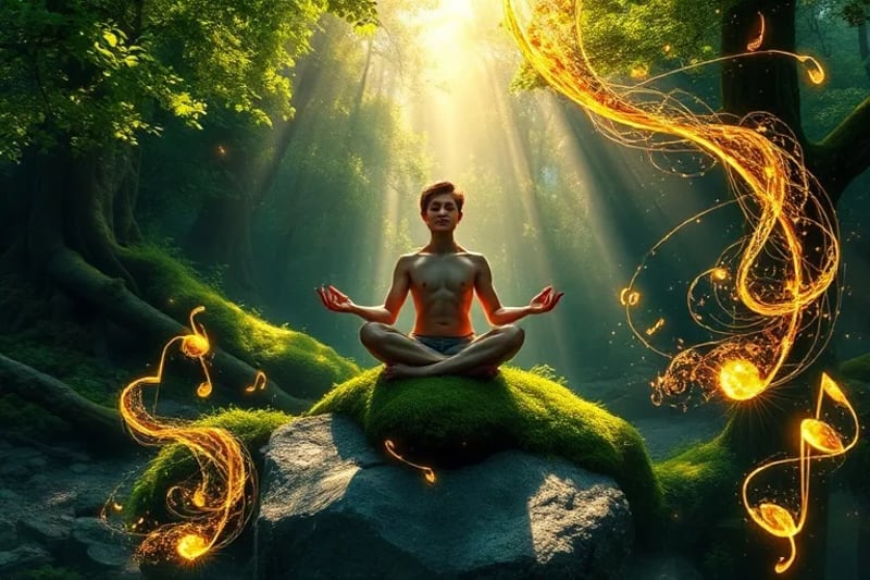 Persona meditando en un bosque, rodeada de notas musicales y energía sanadora