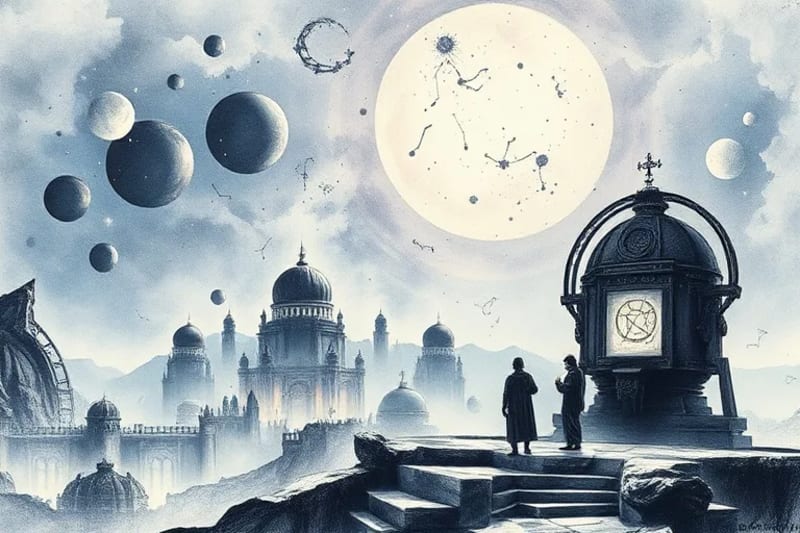 Conceptual lost city mirroring constellations