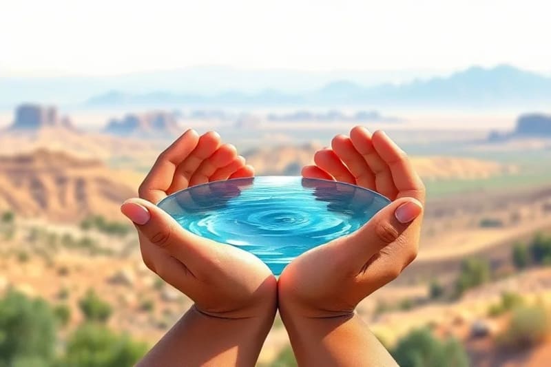 Manos de diversas personas unidas, sosteniendo agua cristalina, con un fondo que fusiona paisajes áridos y fértiles, simbolizando la unidad en la gestión hídrica.