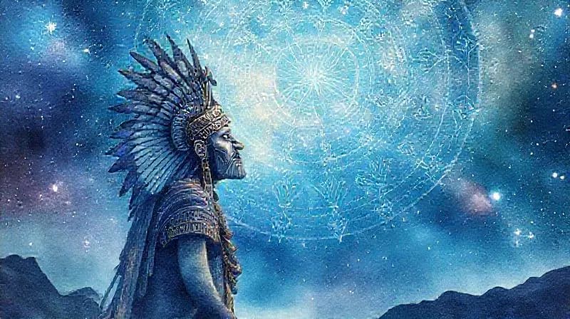 Ancient Mesoamerican priest observing stars with digital patterns