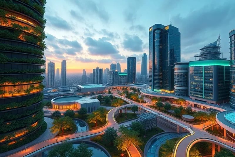 Visión futurista de una ciudad con infraestructura verde avanzada, sistemas de reciclaje de agua y arquitectura sostenible, simbolizando la innovación en gestión hídrica.