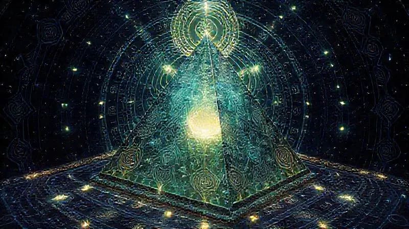 Abstract crystalline pyramid processing data streams and glowing glyphs