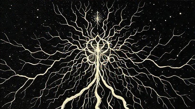 Representación abstracta de vías neuronales entrelazadas con hilos de luz, formando un símbolo espiritual en un vacío cósmico.