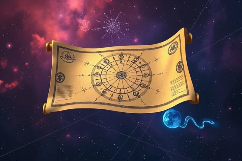 Pergamino antiguo con cartas astrales y símbolos alquímicos, flotando en el espacio con proyecciones holográficas de un viaje heroico en miniatura, rodeado de una nebulosa cósmica.