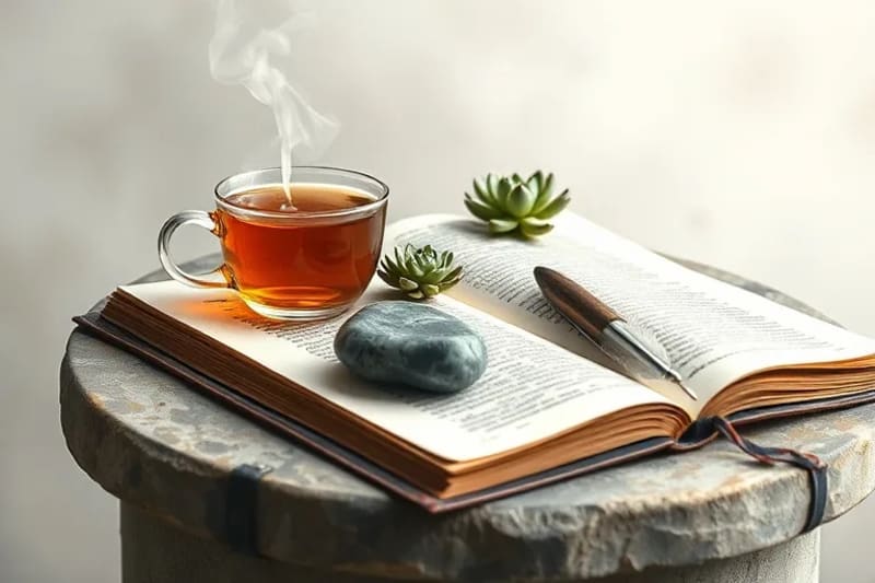 Bodegón de objetos de mindfulness: té, planta, piedra y diario, en un estilo acuarela calmante.