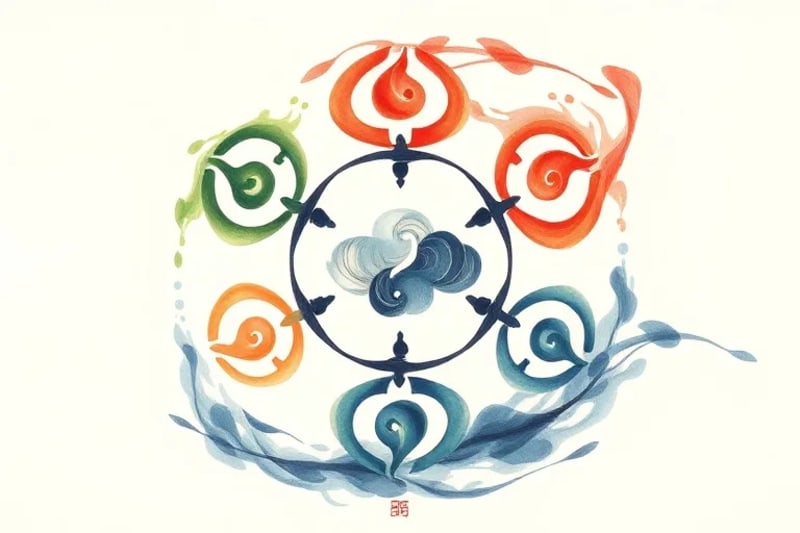 Ilustración acuarela de los cinco elementos chinos (Madera, Fuego, Tierra, Metal, Agua) interconectados en un círculo armonioso, mostrando sus ciclos de creación y control.