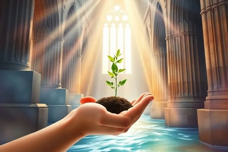 Ilustración de una mano protectora que emerge de un río, cuidando un pequeño brote verde, con un paisaje urbano difuminado al fondo