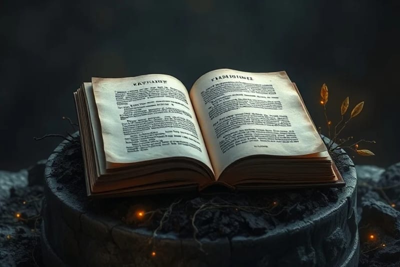 Representación conceptual de un libro antiguo con páginas de hojas secas, raíces y circuitos digitales entrelazados sobre tierra fértil