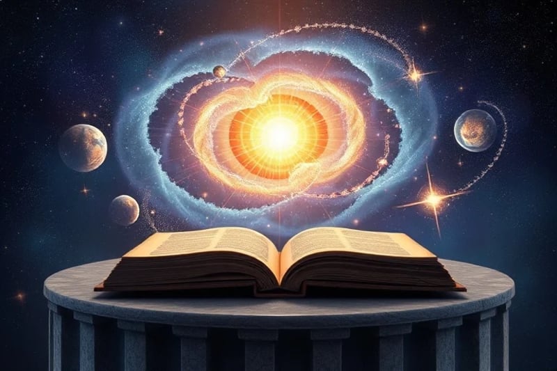 Galaxia en formación con polvo cósmico y estrellas nacientes, emanando de un punto central de energía radiante, simbolizando la creación divina.