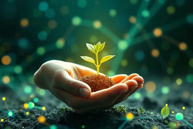 Stylized hand planting a seed, with abstract lines and glowing nodes symbolizing interconnected economic and community exchange.