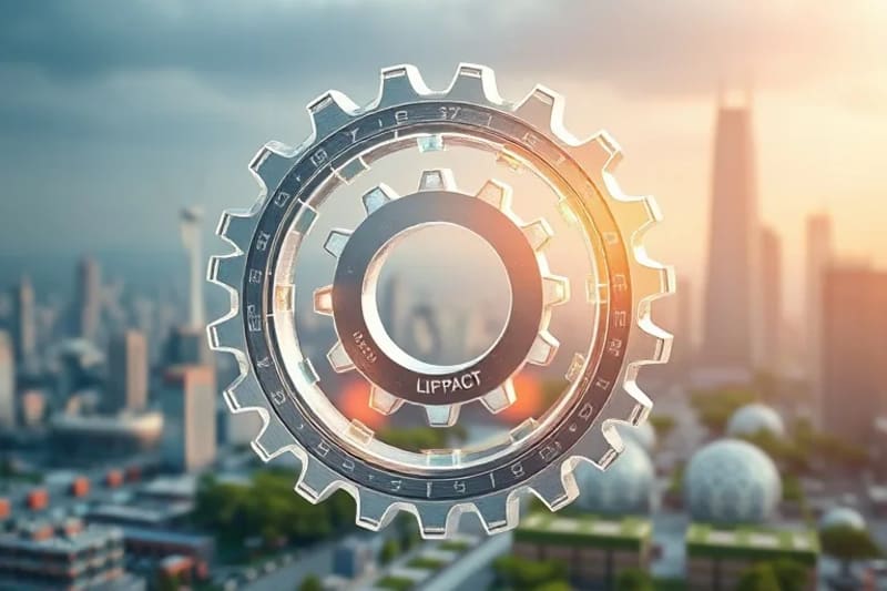 3D render of a transparent, interlocking gear mechanism made of recycled materials, with glowing orbs representing positive impact moving through it. Futuristic green cityscape in background.
